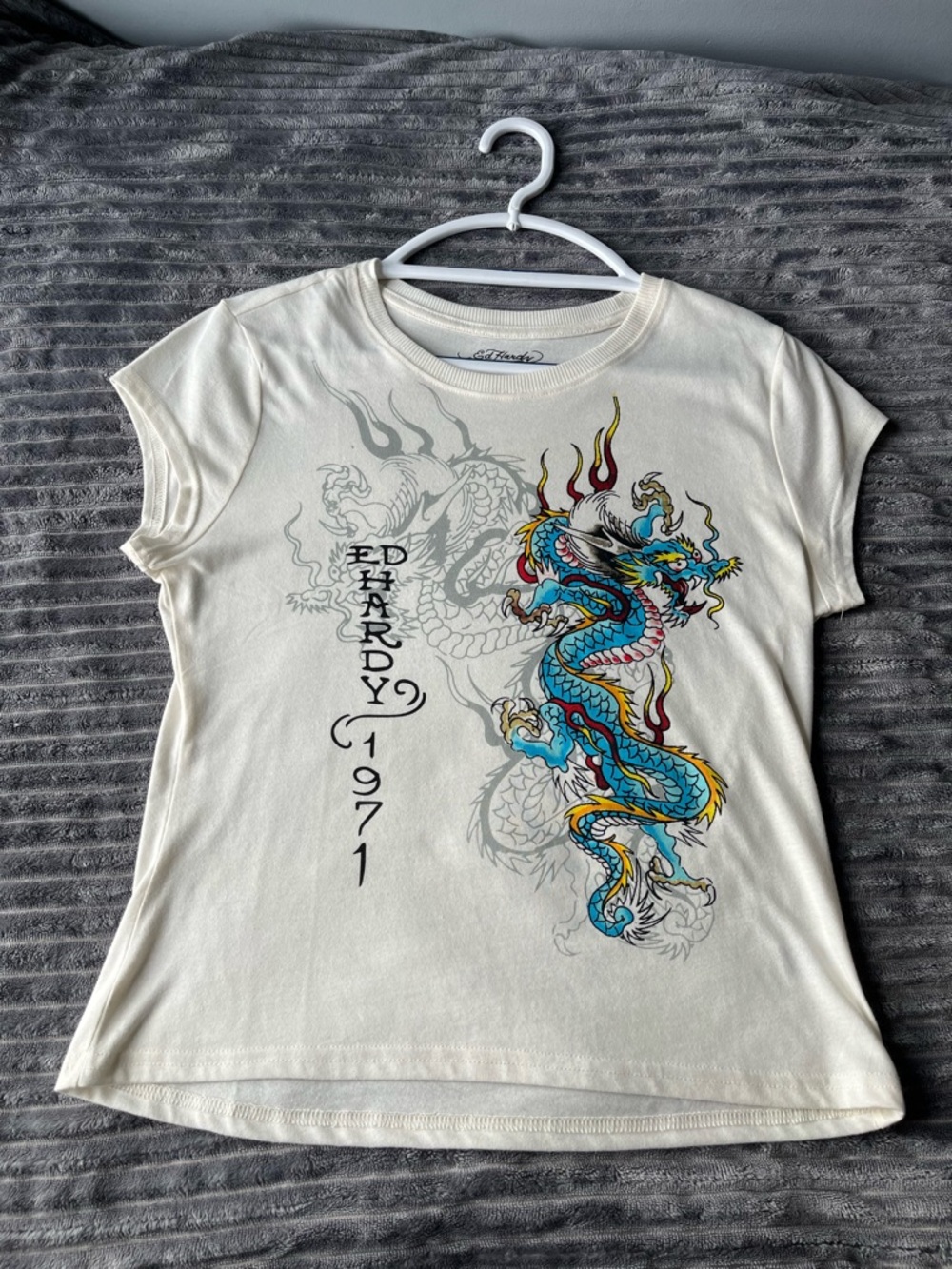 Ed Hardy Cream Short Sleeve Tee with Blue & Yellow Dragon Graphic